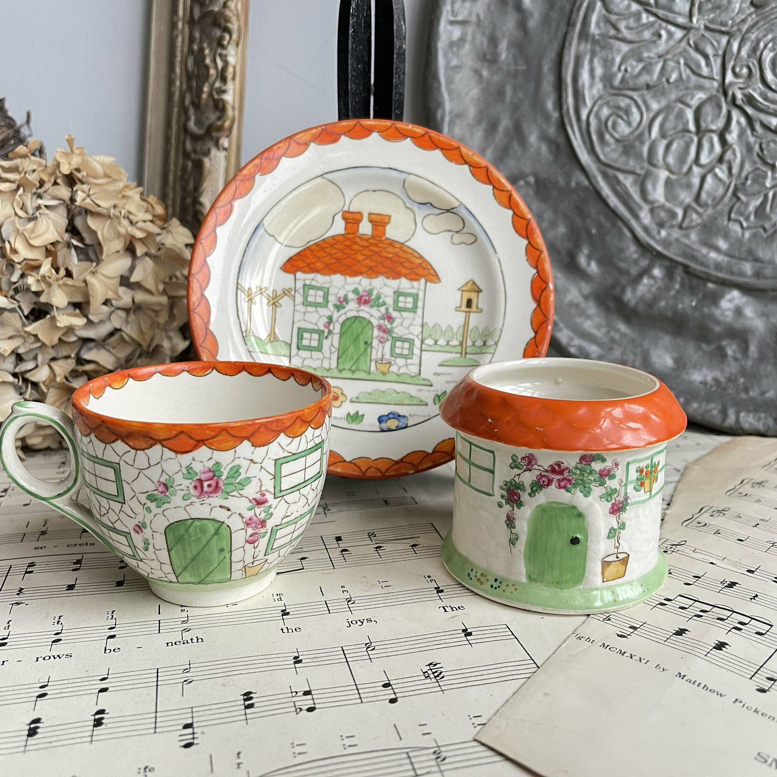 Vintage Rare Booths Red Rufe Silicon China, Tea Cup, Sugar Bowl, Tea Plate, Cottage Design, Collectable