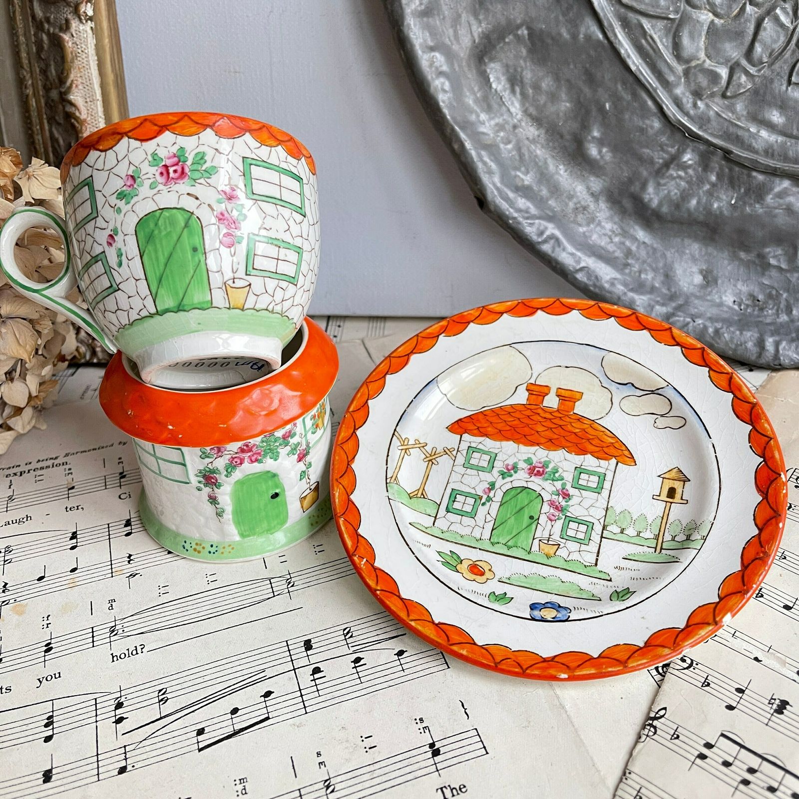 Vintage Rare Booths Red Rufe Silicon China, Tea Cup, Sugar Bowl, Tea Plate, Cottage Design, Collectable photo 50.0