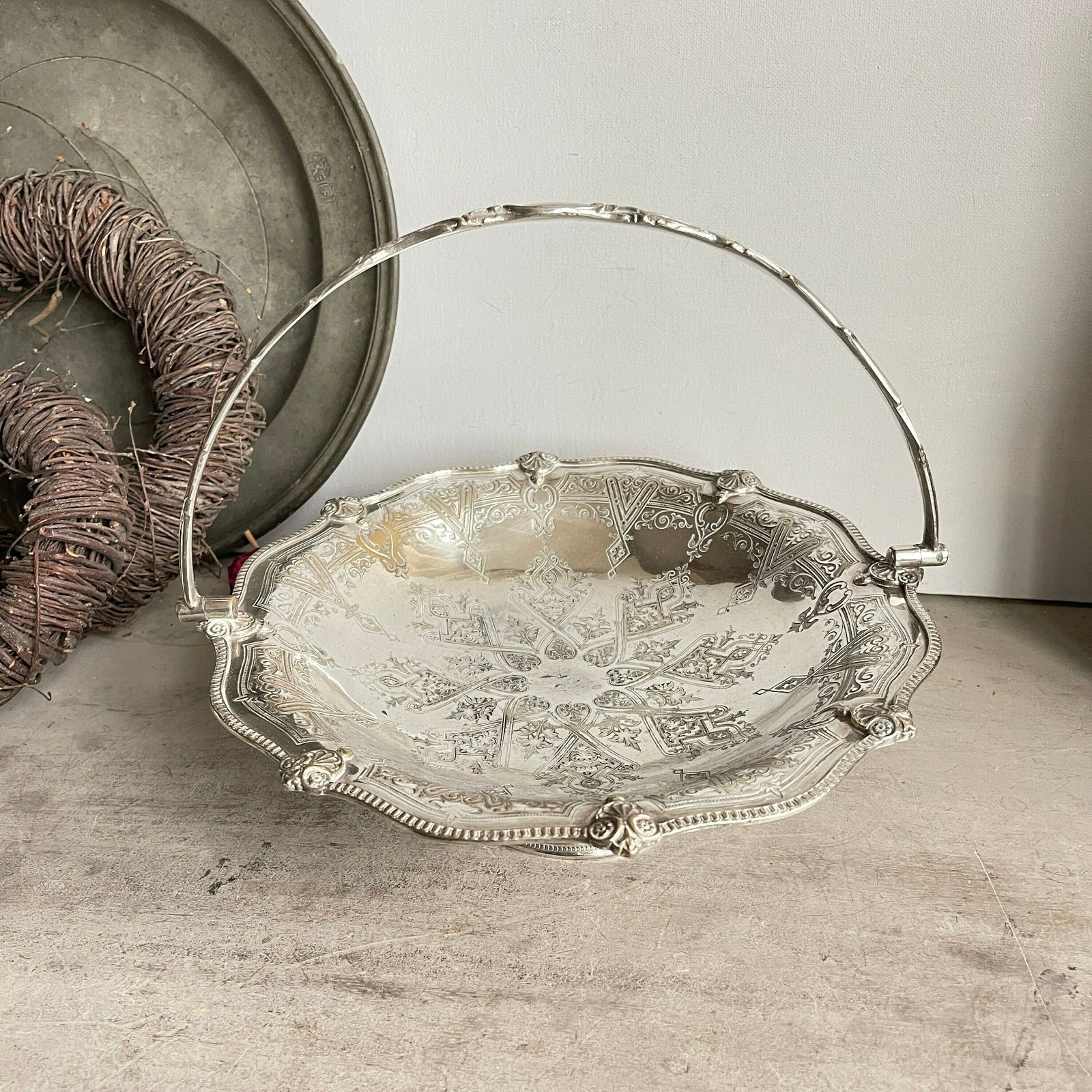 Antique Victorian Basket, Silver Plate Swing Handle Dish, Cake Basket, Distressed Pedestal Dish, Bread Basket, Fruit Basket,