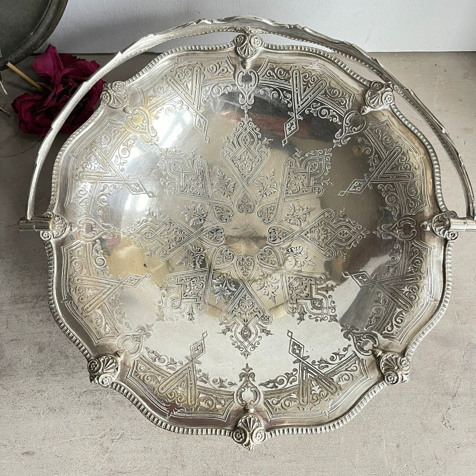 Antique Victorian Basket, Silver Plate Swing Handle Dish, Cake Basket, Distressed Pedestal Dish, Bread Basket, Fruit Basket, photo for sale