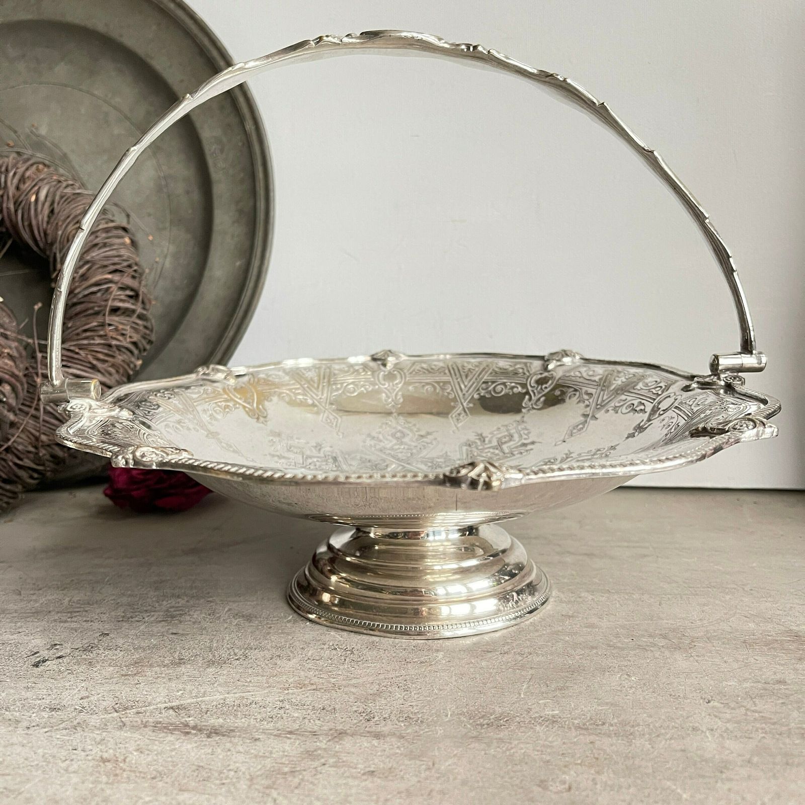 Antique Victorian Basket, Silver Plate Swing Handle Dish, Cake Basket, Distressed Pedestal Dish, Bread Basket, Fruit Basket, photo Home Decor