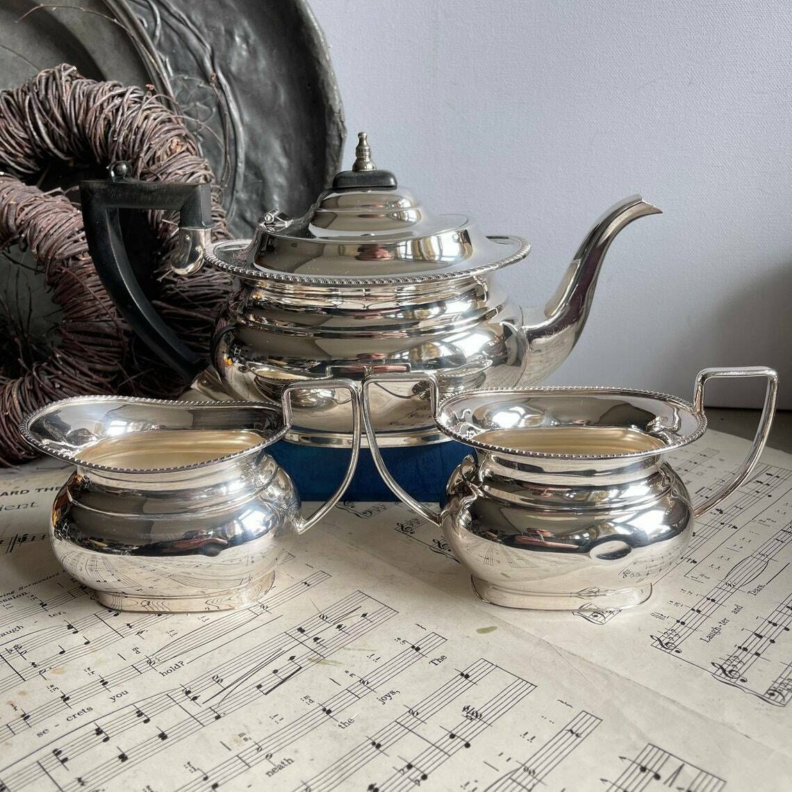 Vintage Silver Plated 3 Piece Tea Set, Garrard & Co Teapot, Milk Jug, Sugar Bowl. Shabby Chic. Wedding Breakfast. Downton Abbey