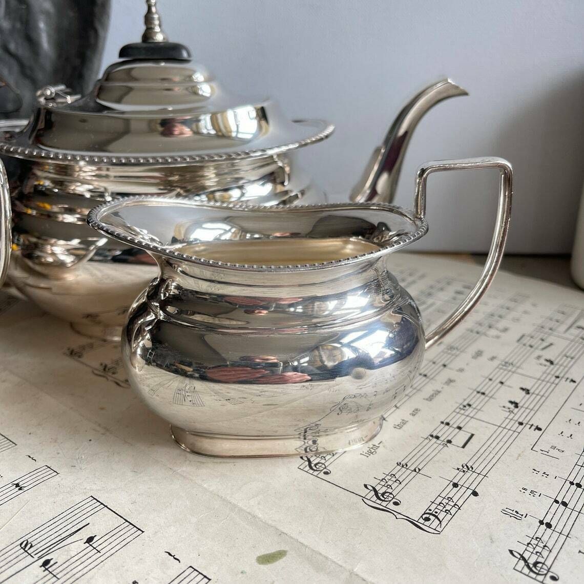 Vintage Silver Plated 3 Piece Tea Set, Garrard & Co Teapot, Milk Jug, Sugar Bowl. Shabby Chic. Wedding Breakfast. Downton Abbey photo Home Decor