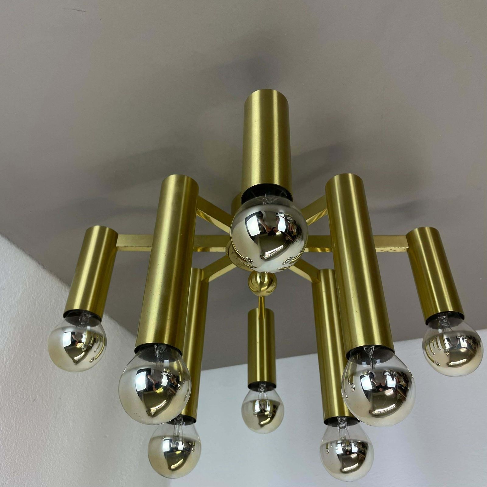 Large Tube Brass 8 Bulb Stilnovo Style Flush Mount Ceiling Light, Italy 1960s photo 2486.0