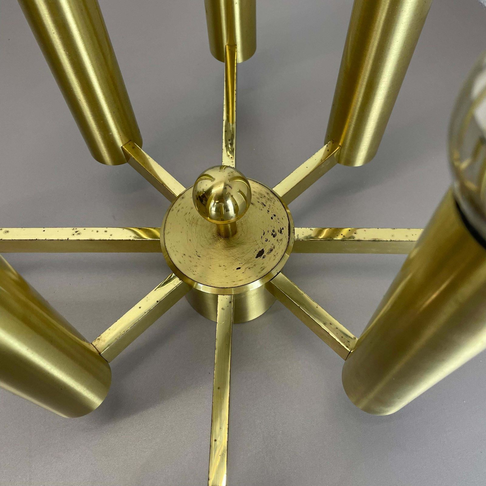 photo vinterior Large Tube Brass 8 Bulb Stilnovo Style Flush Mount Ceiling Light, Italy 1960s