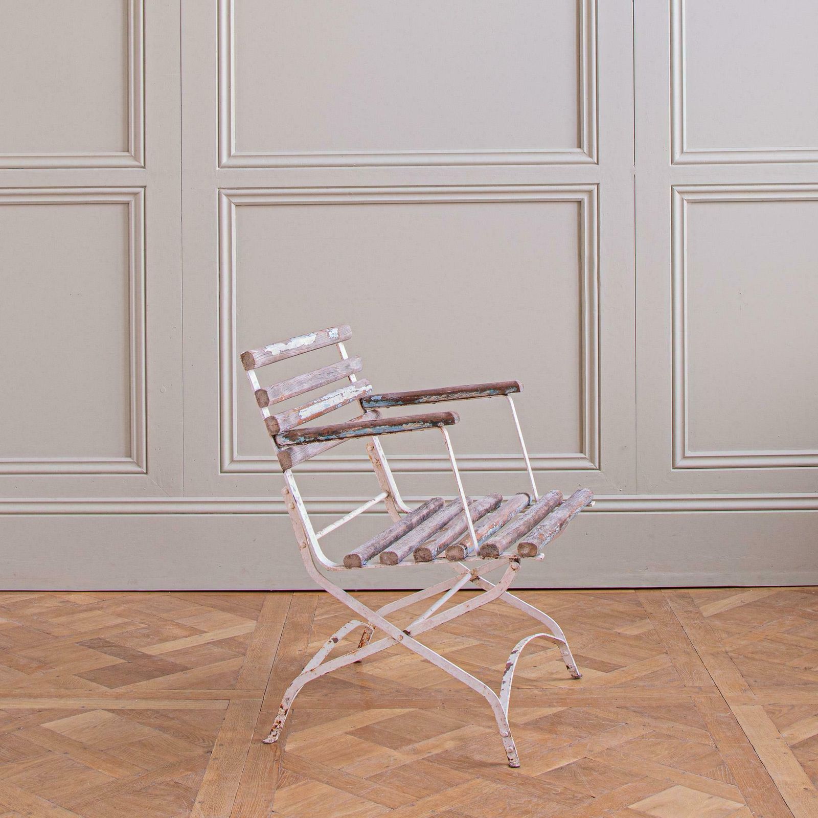 Set Of 4 French Wood Slatted Garden Armchairs With Metal Frame photo Garden Furniture