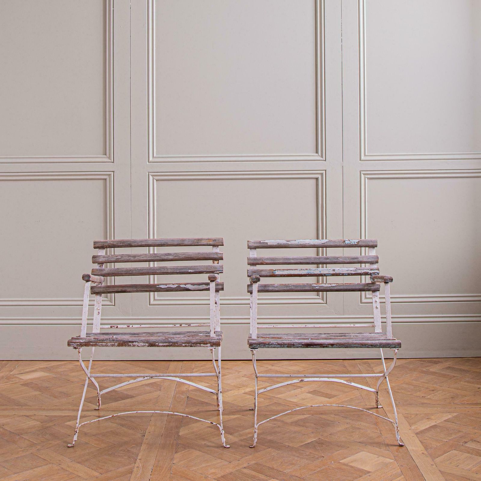 Garden Furniture Set Of 4 French Wood Slatted Garden Armchairs With Metal Frame photo