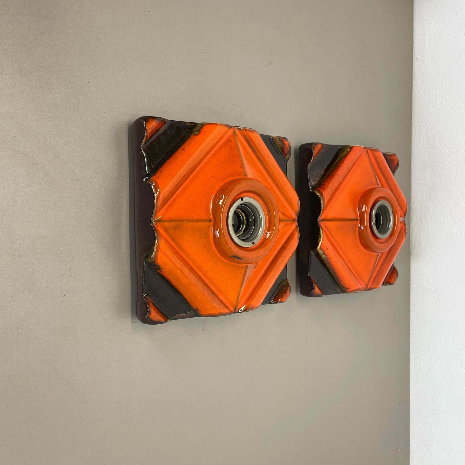 Set Of Two Brown Orange Ceramic Fat Lava Wall Lights Pan Ceramics, Germany 1970 photo for sale