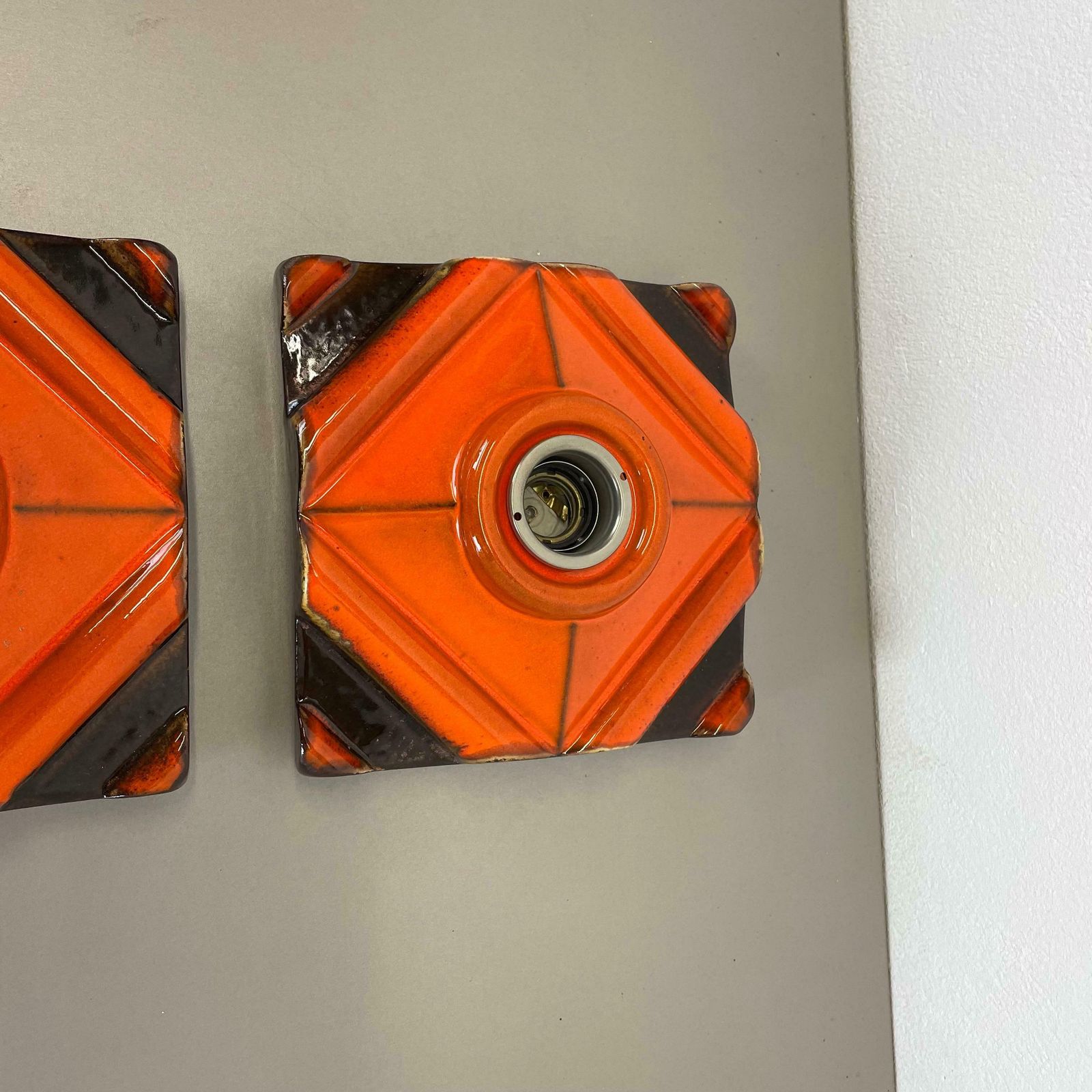 Set Of Two Brown Orange Ceramic Fat Lava Wall Lights Pan Ceramics, Germany 1970 photo vintage