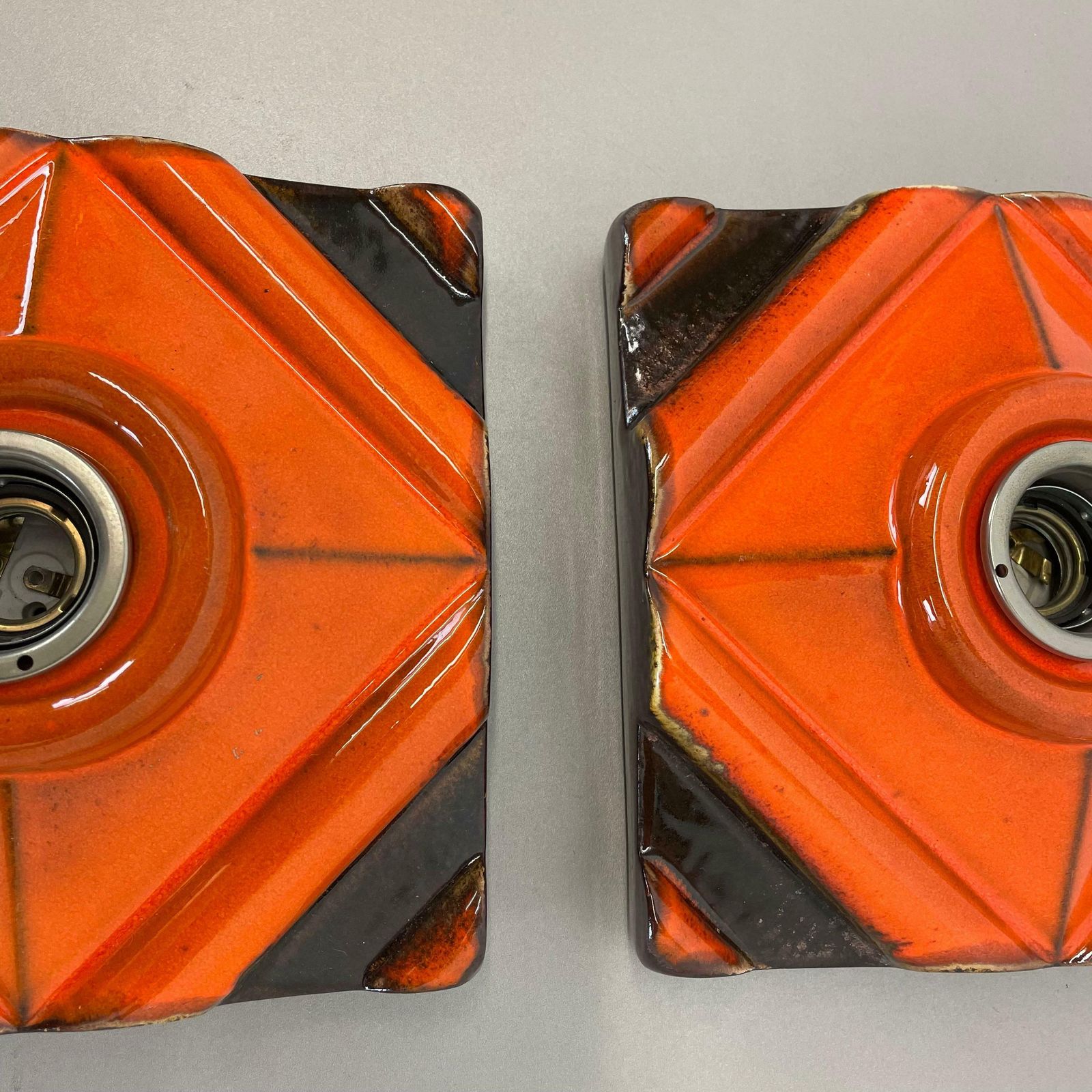 photo for sale Set Of Two Brown Orange Ceramic Fat Lava Wall Lights Pan Ceramics, Germany 1970