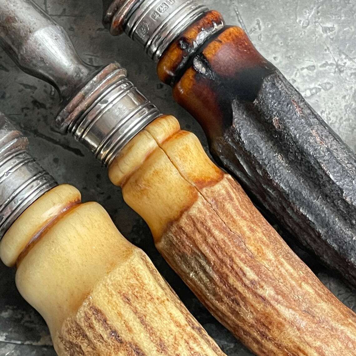 Antique Antler Handled Carving Set. Silver Ferrules. Antique Flatware. Maleham And Yeomans. Carving Fork. Hunting Lodge. Country Lodge photo for sale