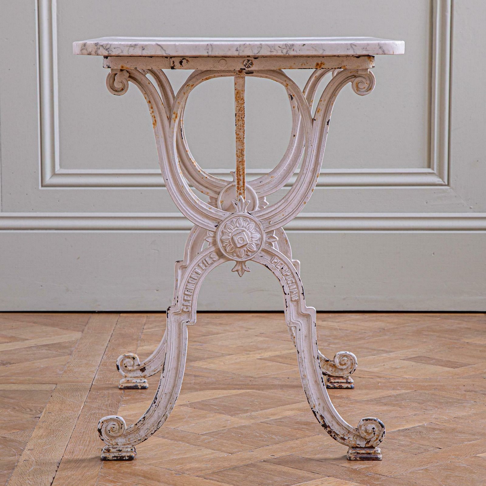 French Antique Iron & Marble Bistro / Garden Table In White By Clermont Fils photo 1250.0