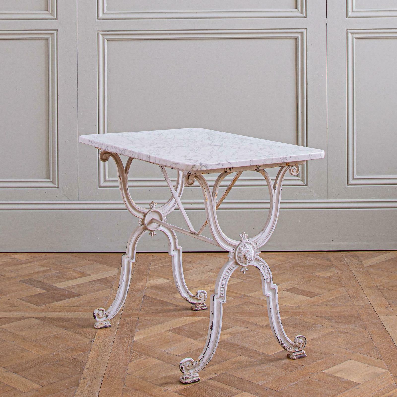 photo furniture French Antique Iron & Marble Bistro / Garden Table In White By Clermont Fils