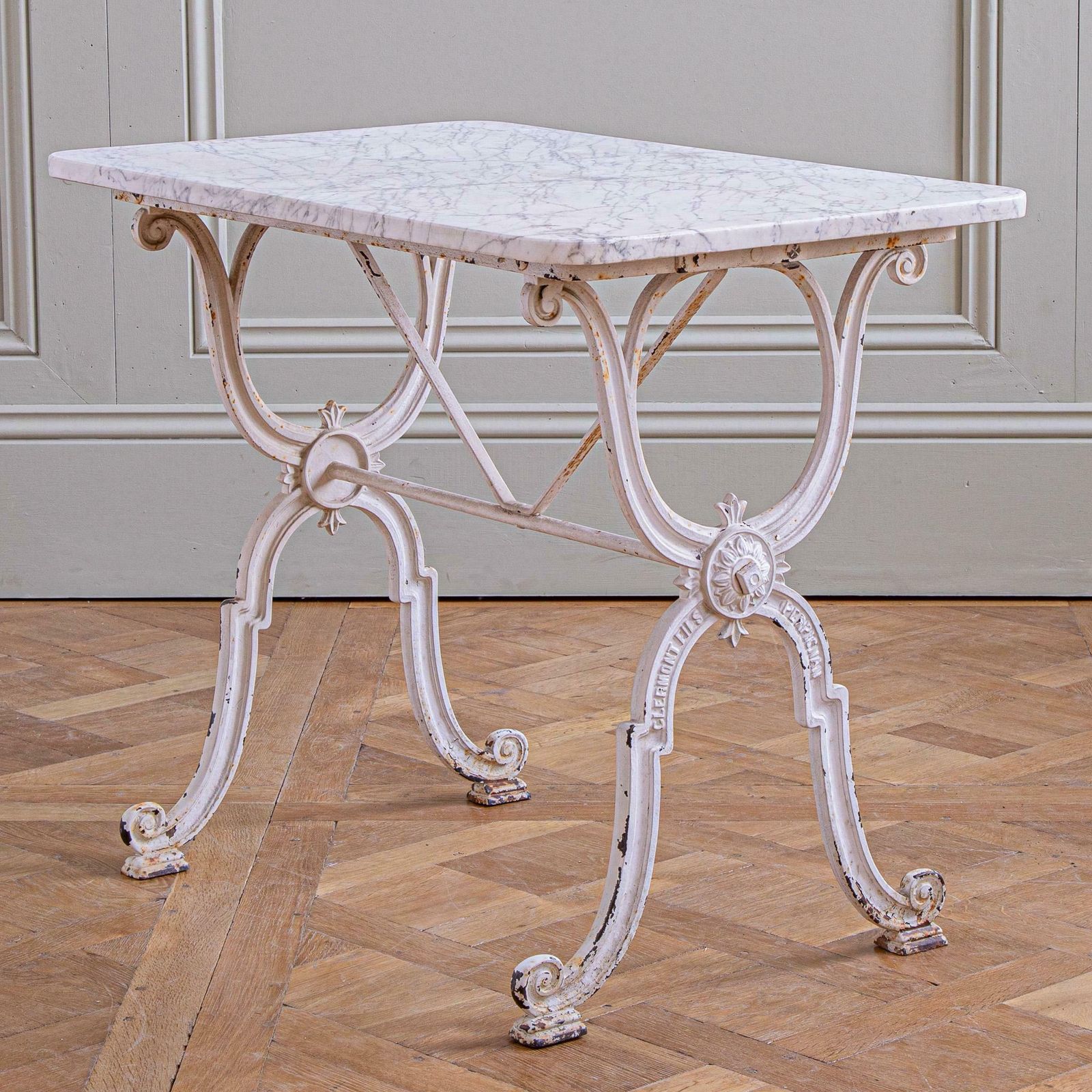 1250.0 French Antique Iron & Marble Bistro / Garden Table In White By Clermont Fils photo