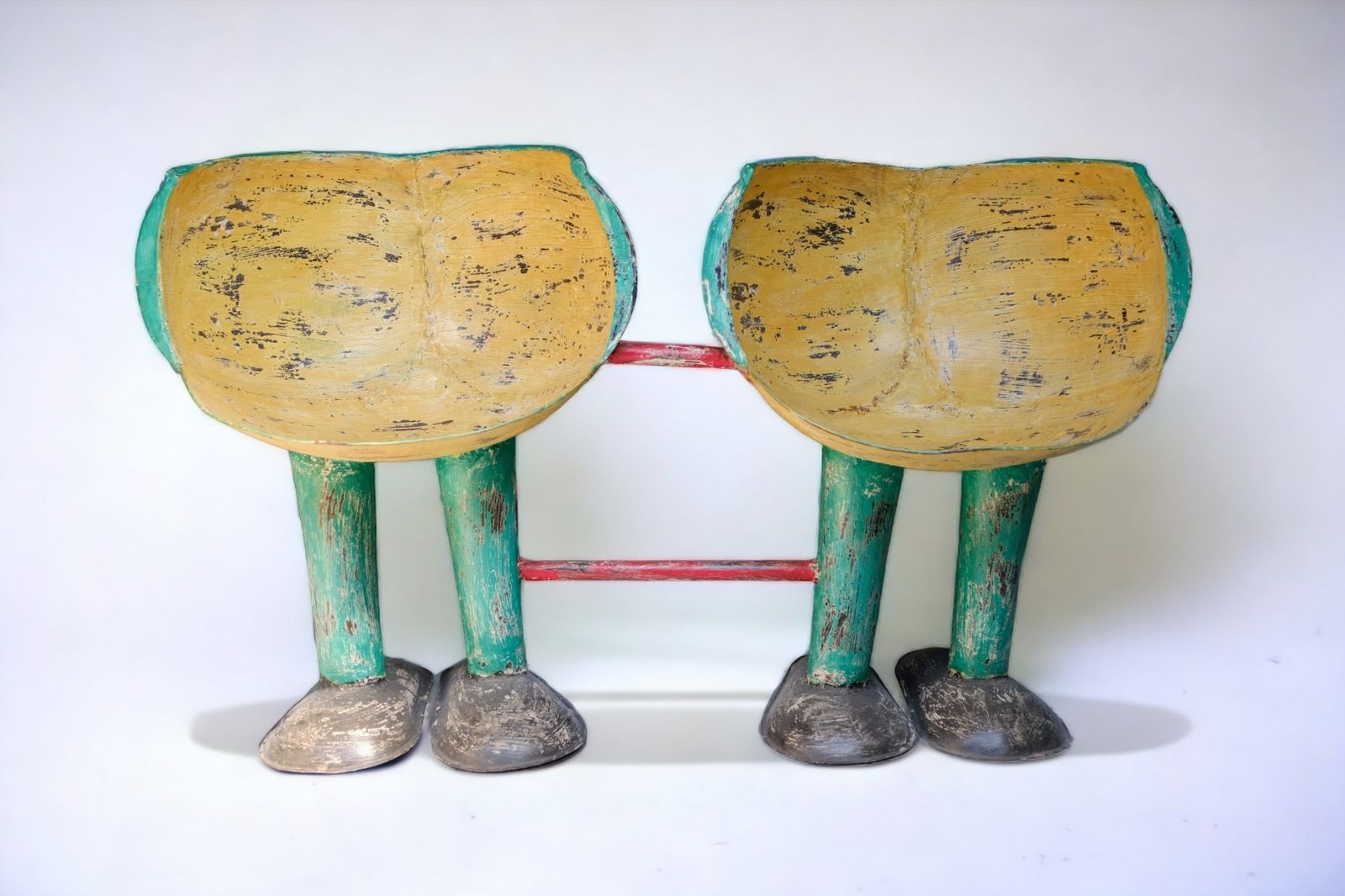 Vintage 1950s Indian Funfair Seats (Set Of 2) – Hand Carved Wooden Benches From Gujarat | Folk Art Sculptures Featured In Bollywood Film ‘3 Idiots’ photo furniture