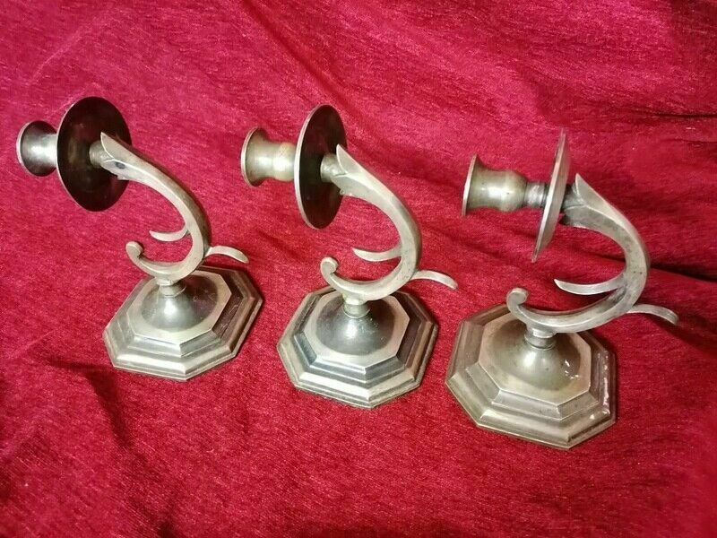Set Of 3 Old Brass Pewter Wall Candle Holder photo furniture