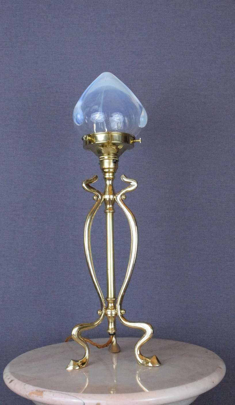 Art Nouveau Style Brass Table Lamp With Hand Blown Vaseline Glass Shade