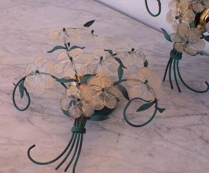 photo for sale Set Of 2 Murano Wall Light Flower By Seguso For Venini, Italy, 1960s