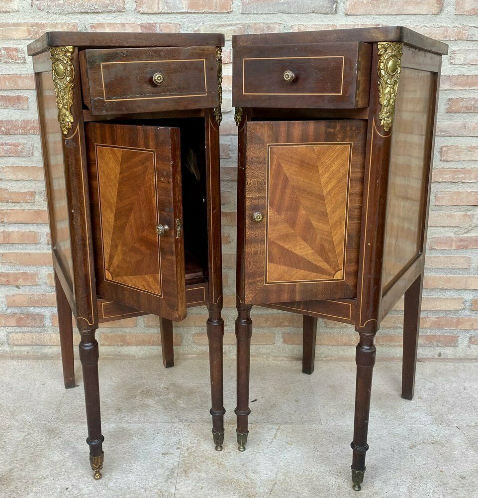Antique French Louis XVI Walnut And Bronze Nightstands, 1920s, Set Of 2 photo Furniture