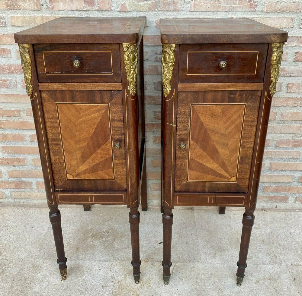 Antique French Louis XVI Walnut And Bronze Nightstands, 1920s, Set Of 2 photo for sale