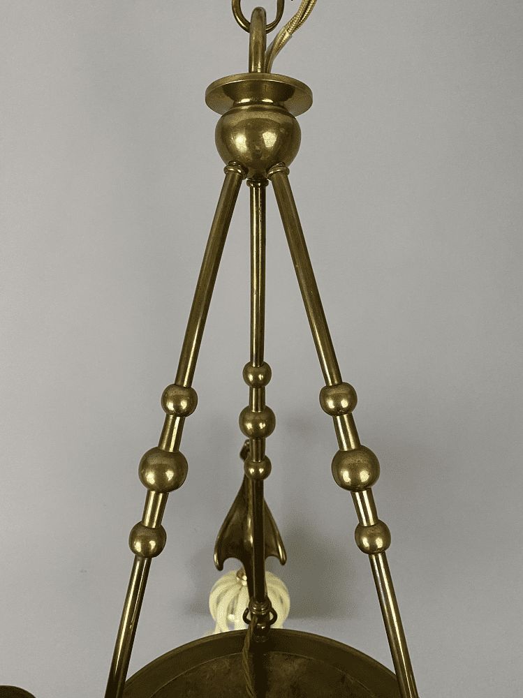 Art Nouveau Brass Chandelier With Vaseline Glass Shades photo for sale