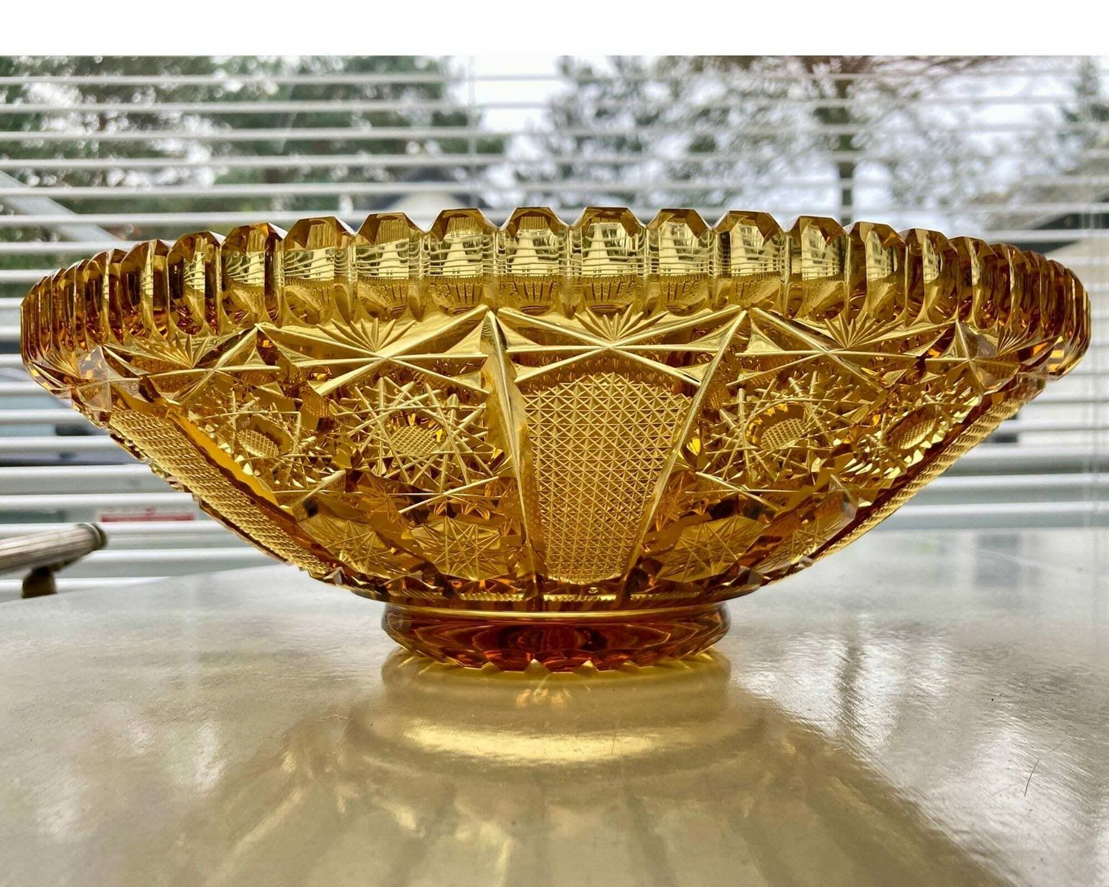 Crystal Cut Amber Bowl | Yellow Crystal Center Piece | Spectacular! photo for sale