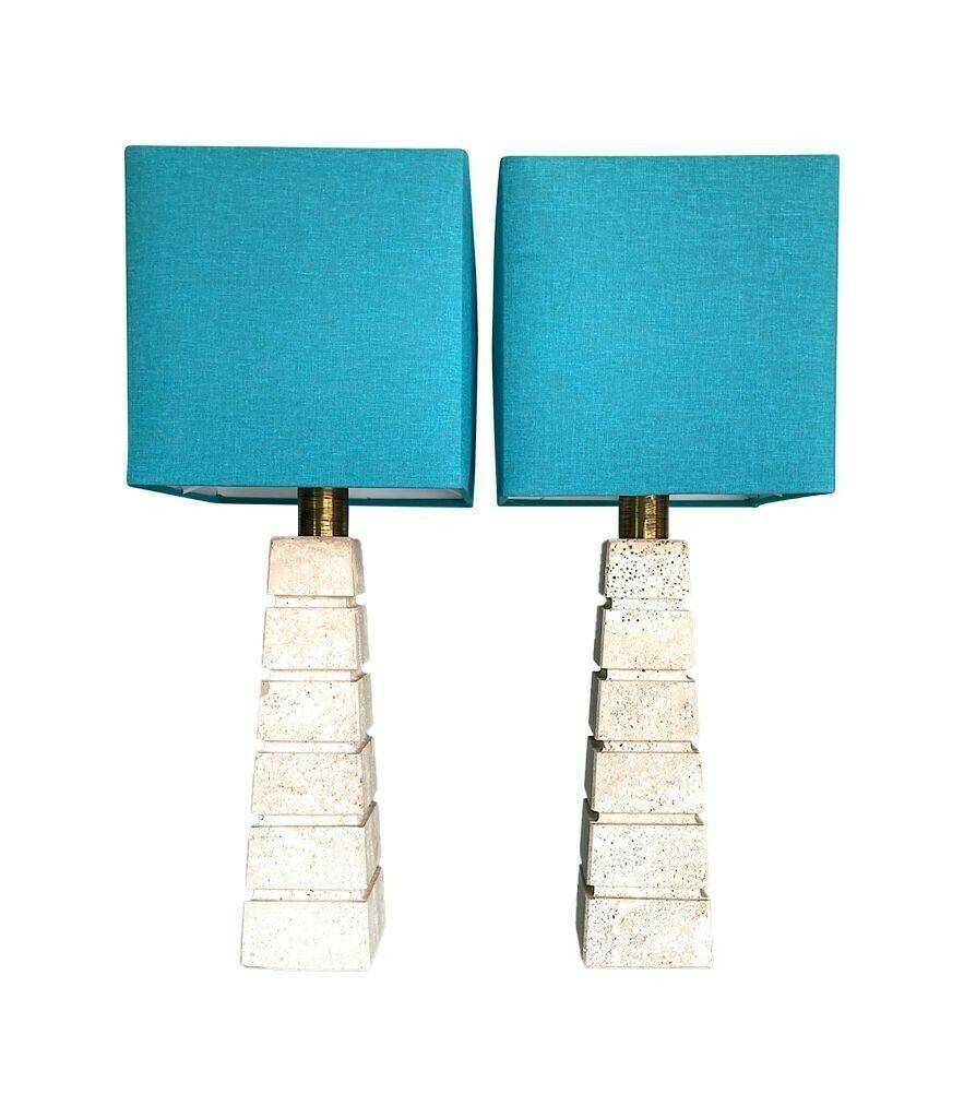 A Pair Of Large 1970s Italian Travertine Lamps With Brass Fittings And New Bespoke Shades