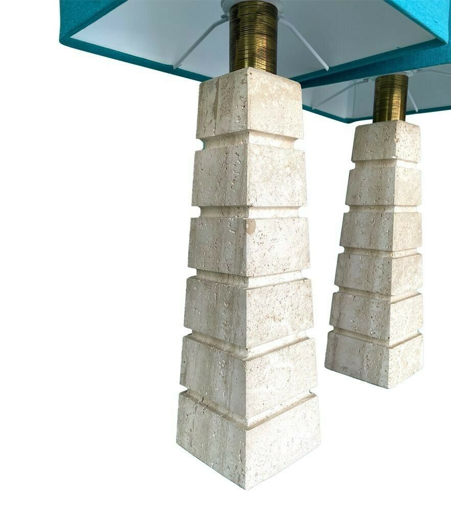 A Pair Of Large 1970s Italian Travertine Lamps With Brass Fittings And New Bespoke Shades photo for sale