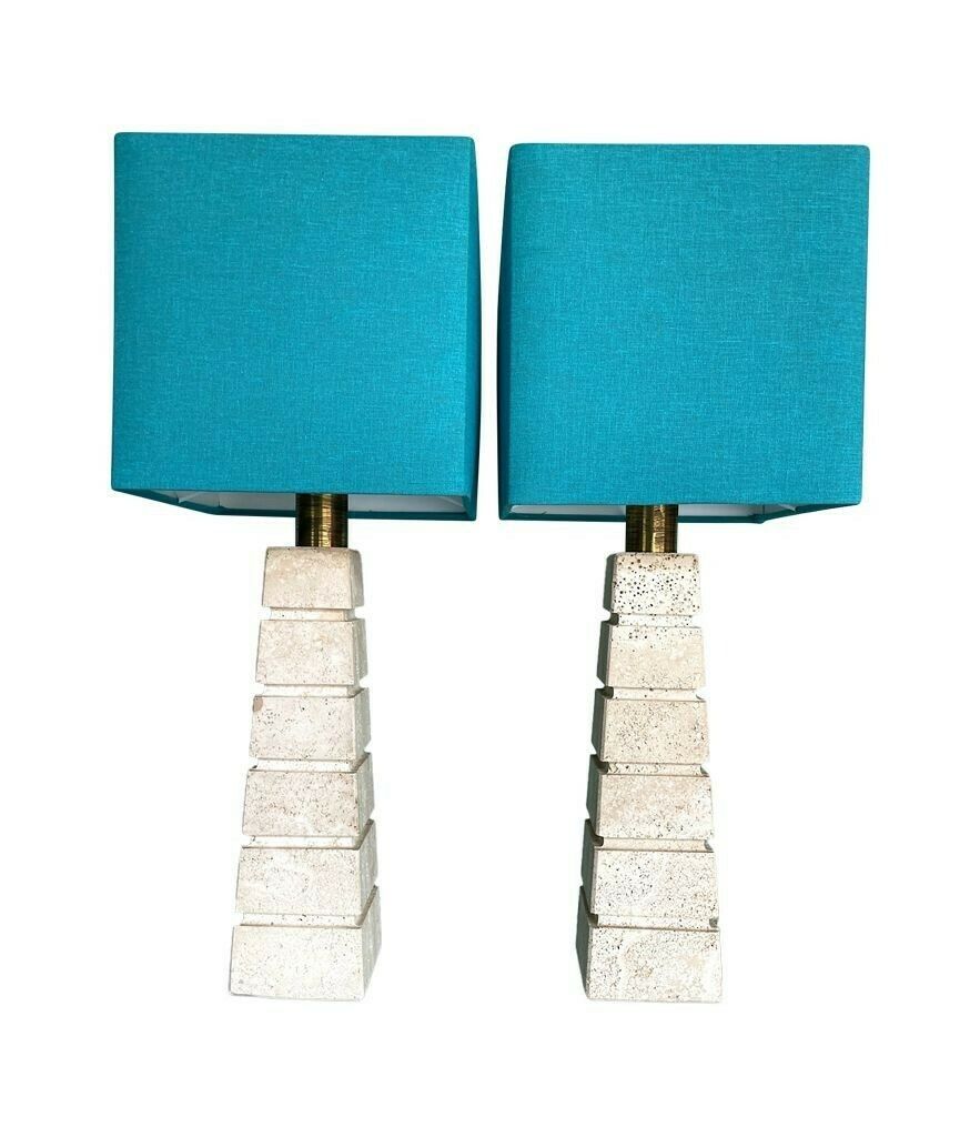 A Pair Of Large 1970s Italian Travertine Lamps With Brass Fittings And New Bespoke Shades photo Lighting
