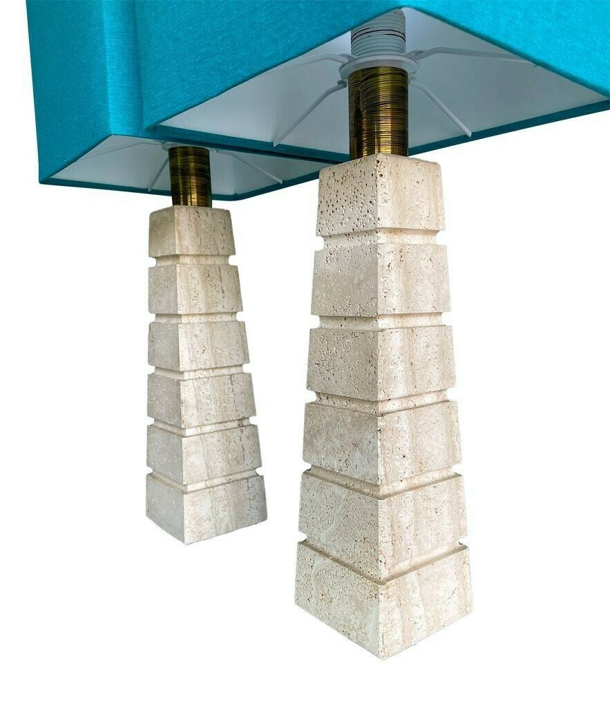 A Pair Of Large 1970s Italian Travertine Lamps With Brass Fittings And New Bespoke Shades photo vinterior