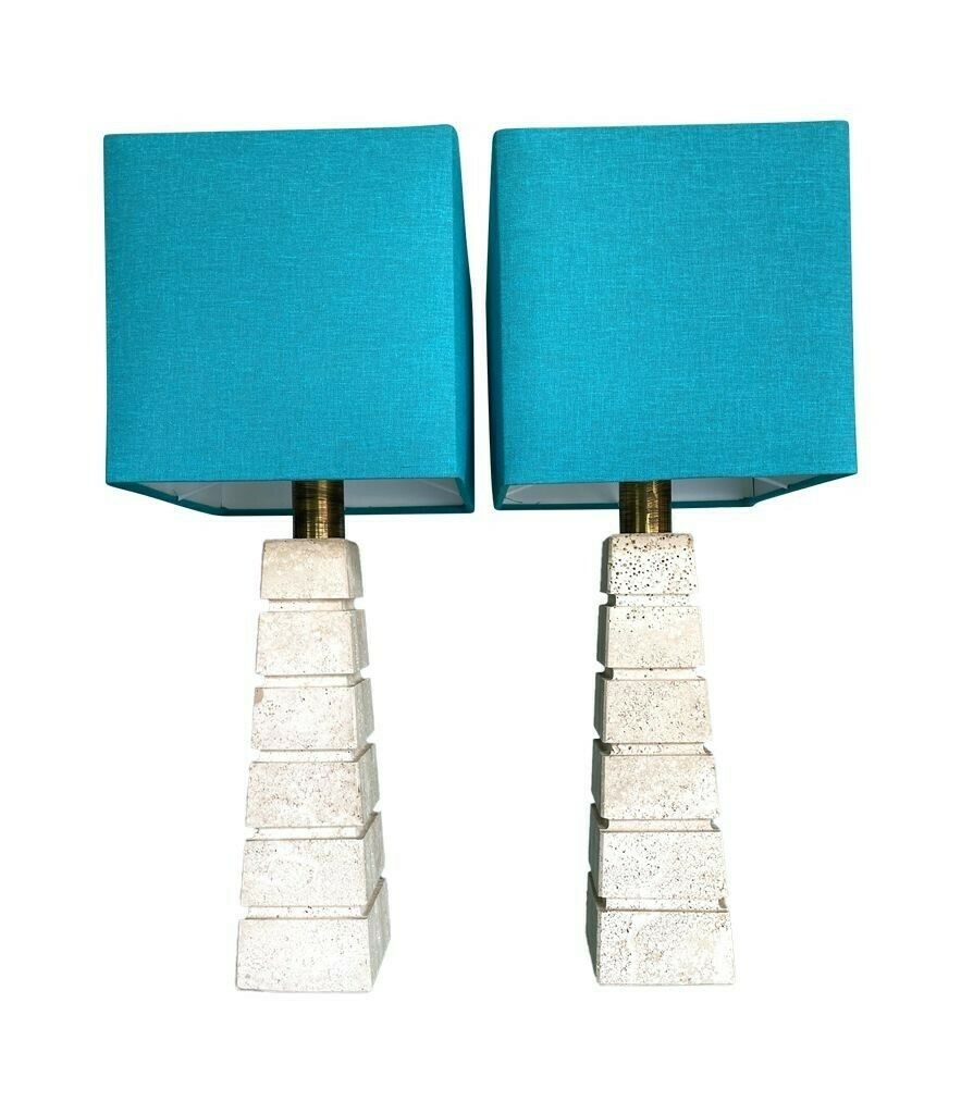photo vinterior A Pair Of Large 1970s Italian Travertine Lamps With Brass Fittings And New Bespoke Shades