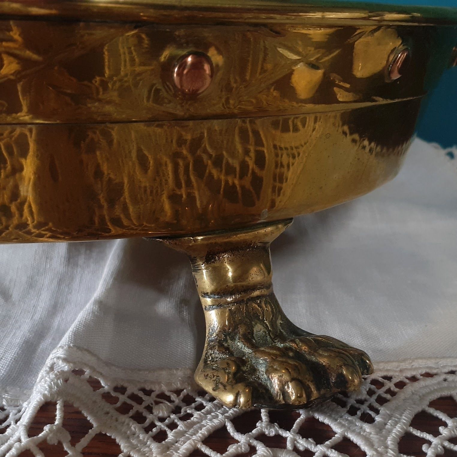 Antique Brass And Copper Riveted Jardiniere With Lion Paw Feet   Plant Stand photo for sale