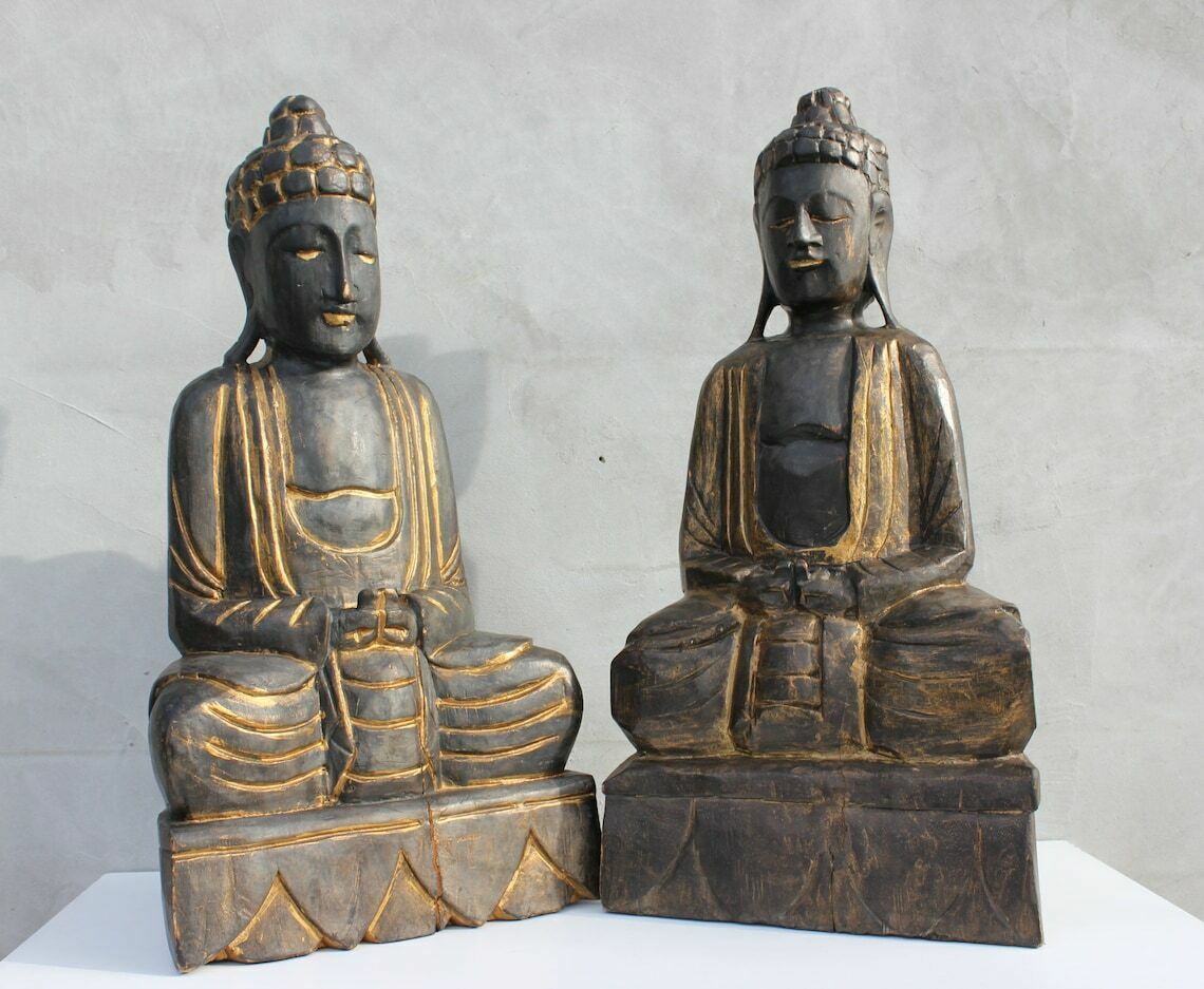 Two Wooden Buddha Statues, A Pair Meditating Hand Carved Buddha Statuettes, Thai