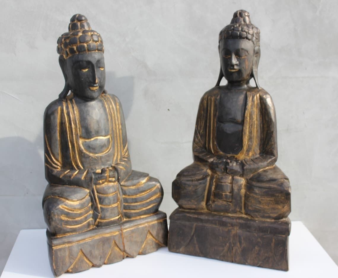 Two Wooden Buddha Statues, A Pair Meditating Hand Carved Buddha Statuettes, Thai photo for sale