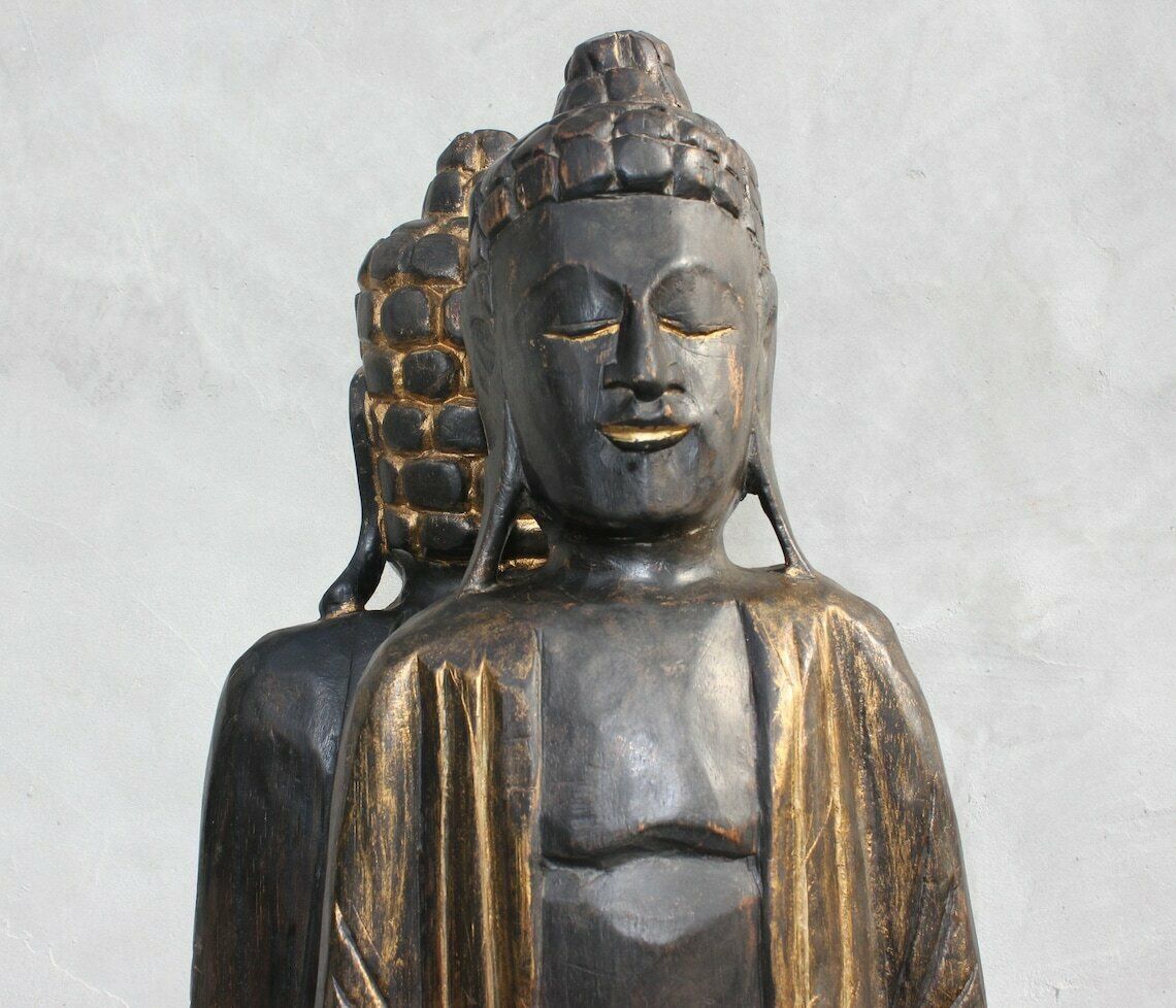 Two Wooden Buddha Statues, A Pair Meditating Hand Carved Buddha Statuettes, Thai photo buy