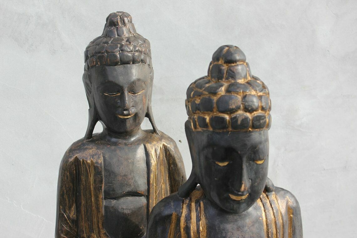 photo furniture Two Wooden Buddha Statues, A Pair Meditating Hand Carved Buddha Statuettes, Thai