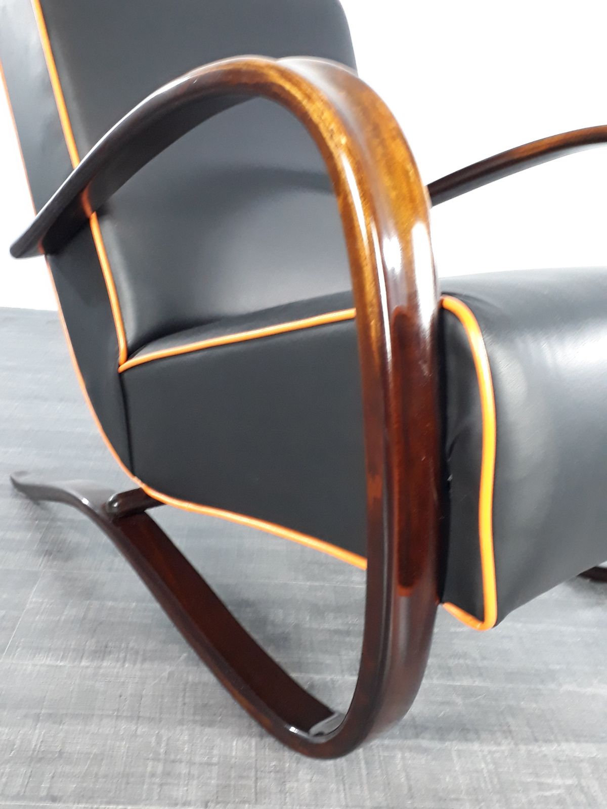 photo for sale Halabala H269 Armchair In Beech And Black Leather, Czech Art Déco 1930s