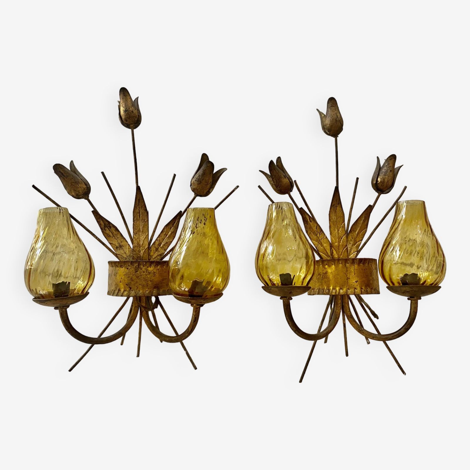 Pair Of Glass And Golden Metal Wall Lights Period 1950