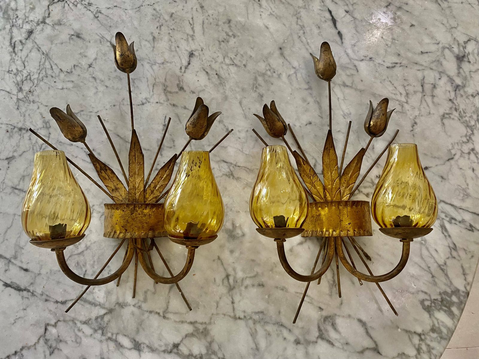 Pair Of Glass And Golden Metal Wall Lights Period 1950 photo vinterior