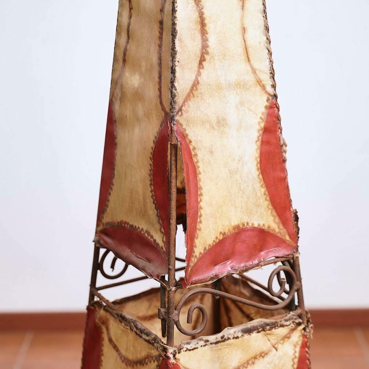 Ethnic Lamp In Painted Leather And Iron photo for sale