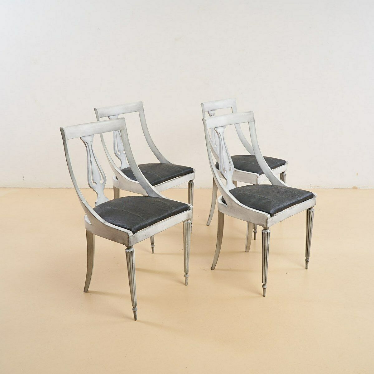 Vintage Grey White Wooden Chairs And Genuine Gray Snakeskin Seat
