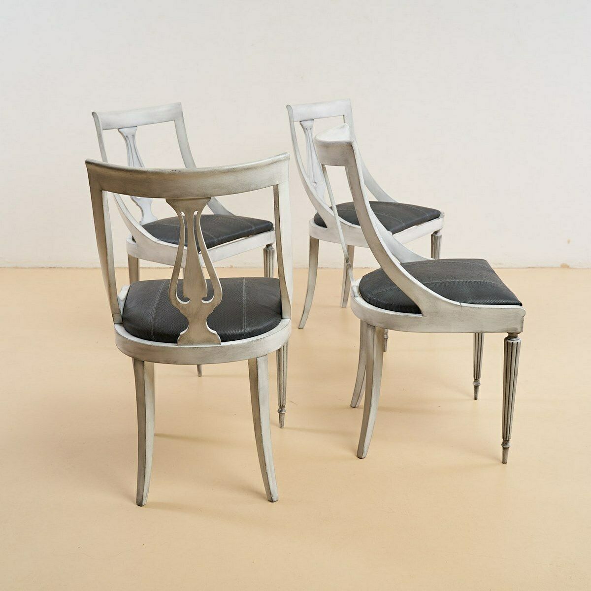 Vintage Grey White Wooden Chairs And Genuine Gray Snakeskin Seat photo Furniture