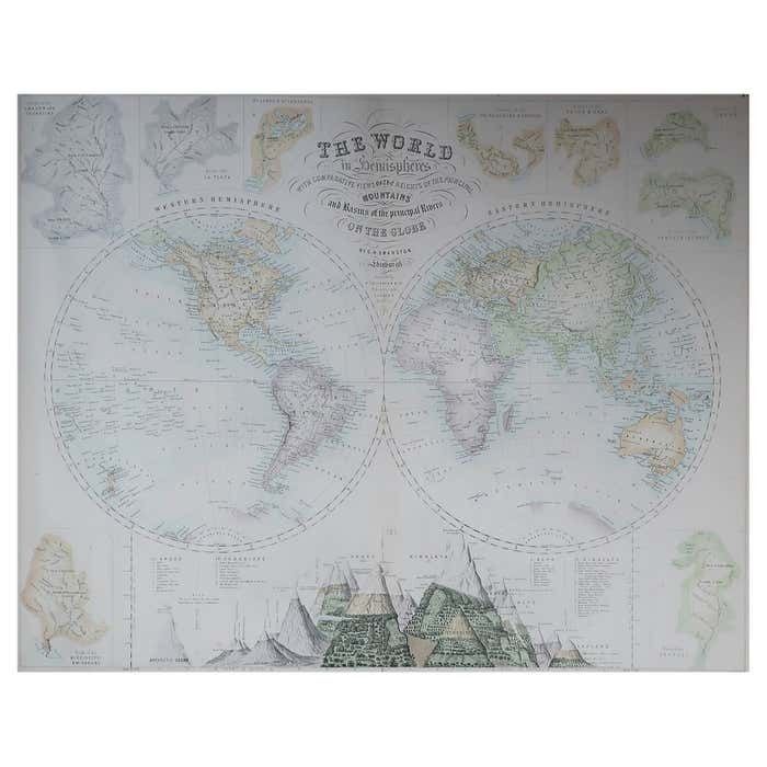 Large Original Antique Map Of The World, Fullarton, C.1870