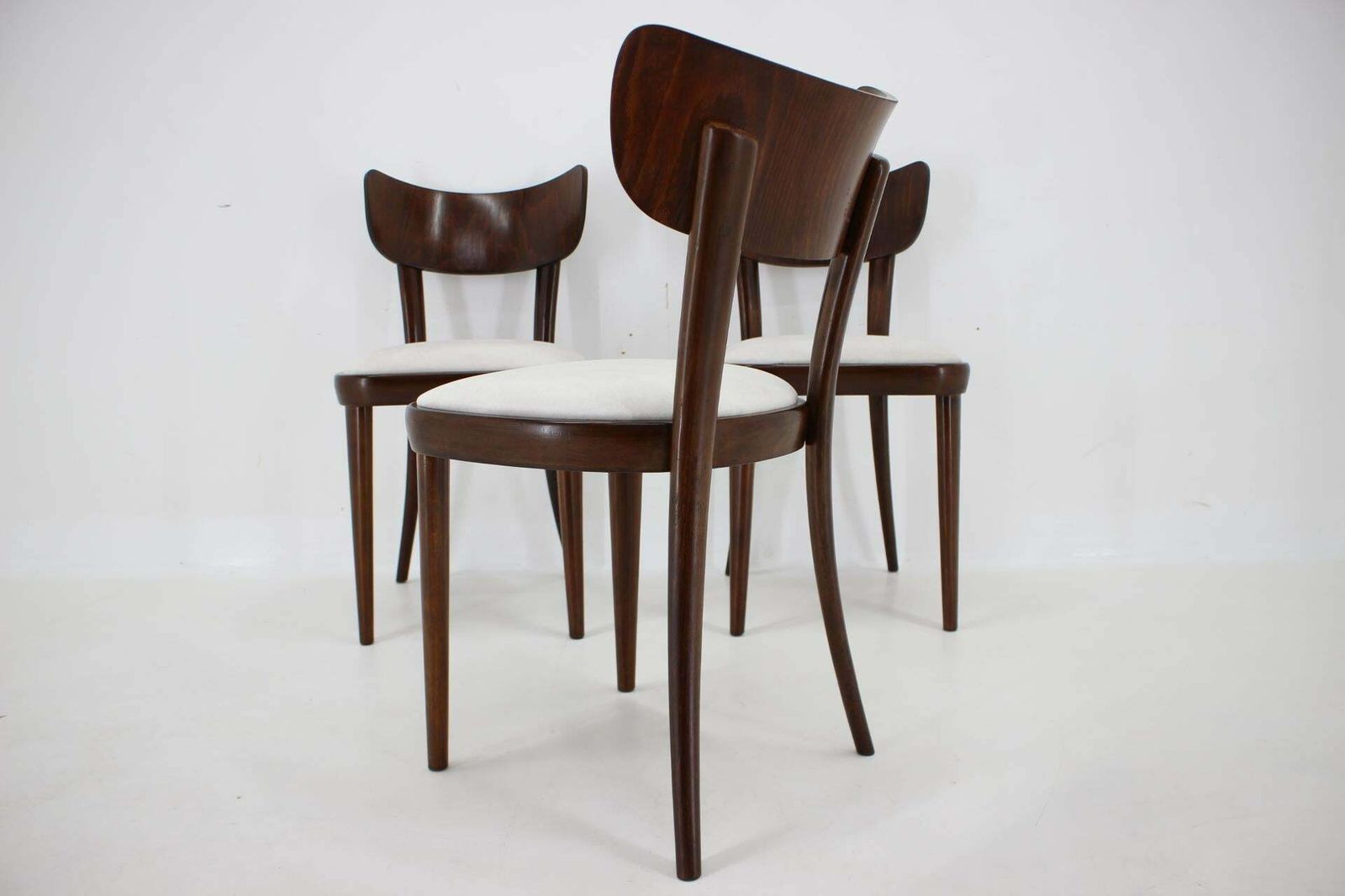 photo for sale 1950s Set Of Three Restored Beech Dining Chairs, Czechoslovakia