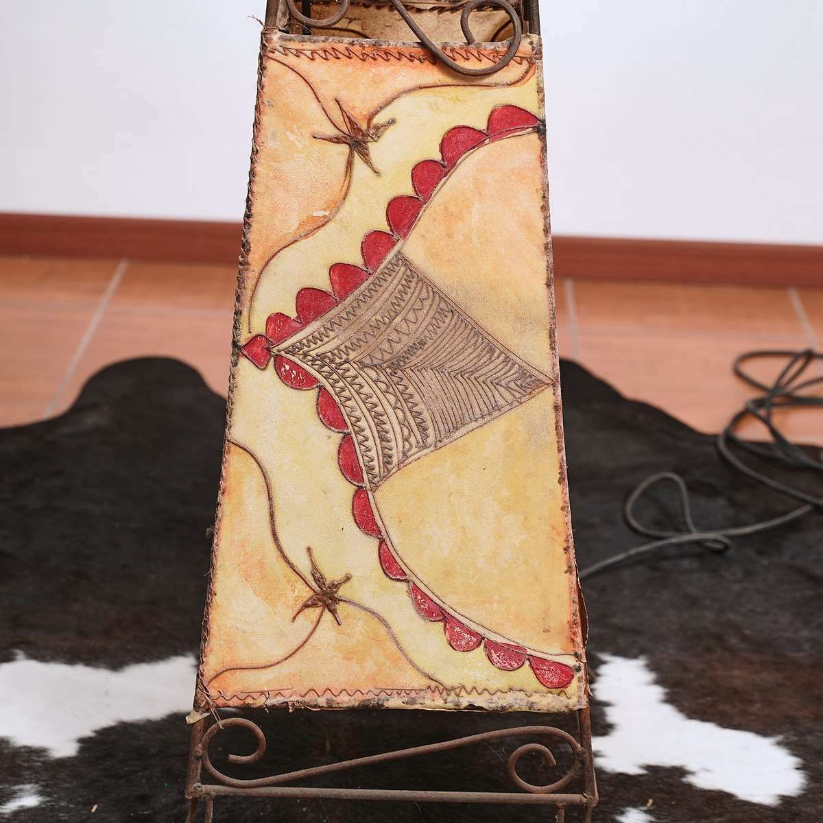 Ethnic Lamp In Painted Leather And Iron photo for sale