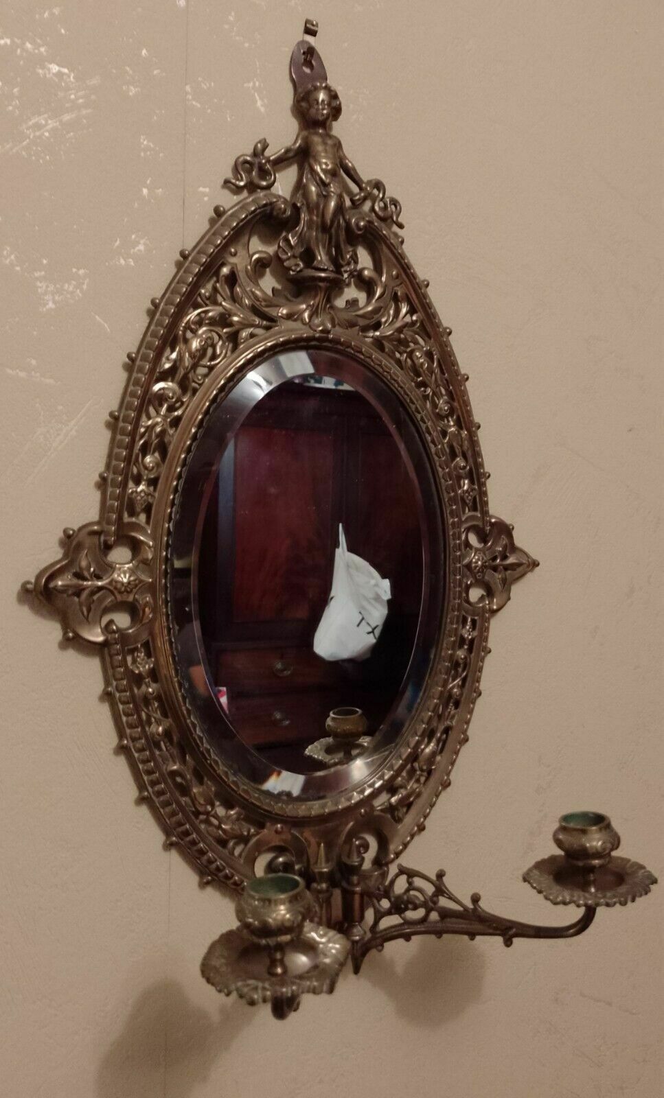 Antique Solid Brass Victorian Gothic Revival Girandole Mirror With Candelabra photo furniture