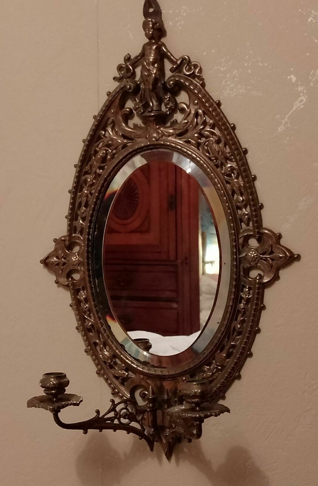 Antique Solid Brass Victorian Gothic Revival Girandole Mirror With Candelabra photo Home Decor
