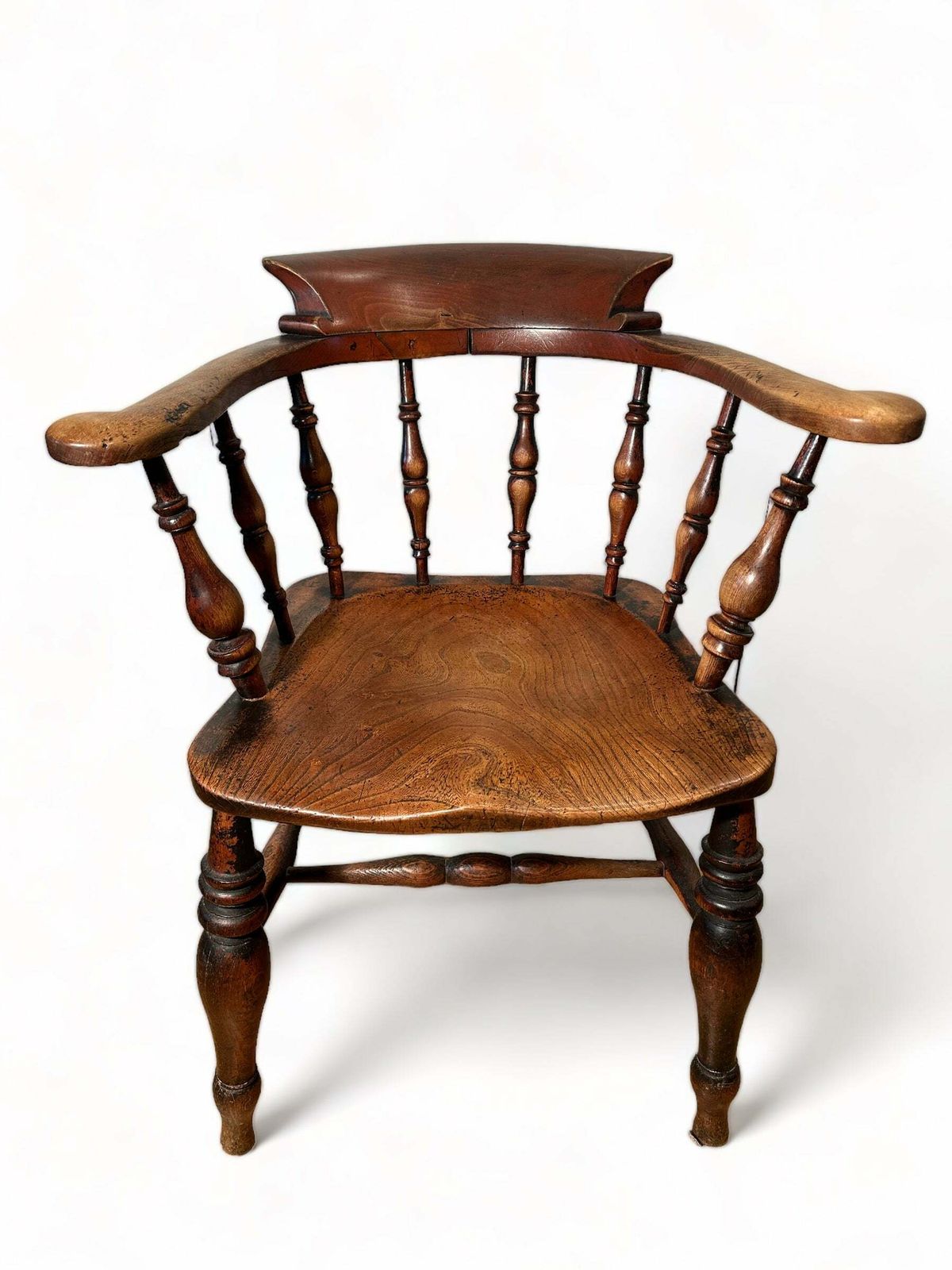 Exceptional Pair Of Early Antique English Elm & Yew Captains Elbow/Kitchen/Desk Chairs With Makers Initials & Original Oxidised Treacle Black/Red Pain photo for sale