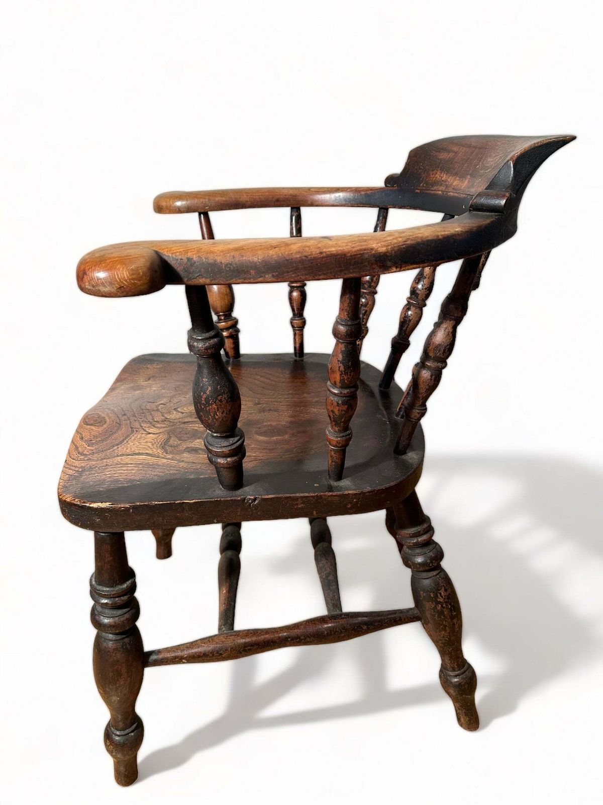 Exceptional Pair Of Early Antique English Elm & Yew Captains Elbow/Kitchen/Desk Chairs With Makers Initials & Original Oxidised Treacle Black/Red Pain photo Furniture