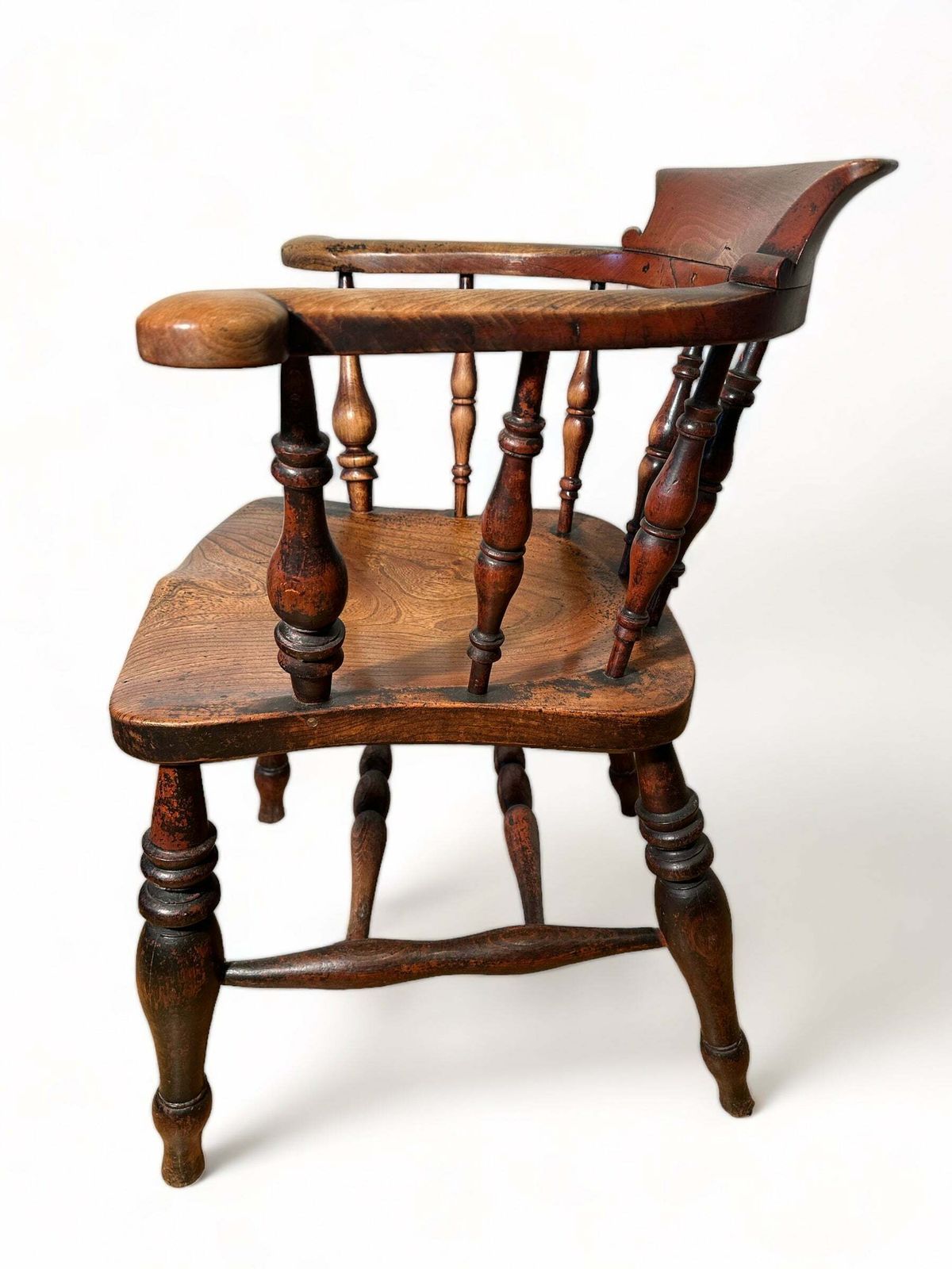 Exceptional Pair Of Early Antique English Elm & Yew Captains Elbow/Kitchen/Desk Chairs With Makers Initials & Original Oxidised Treacle Black/Red Pain photo 1500.0